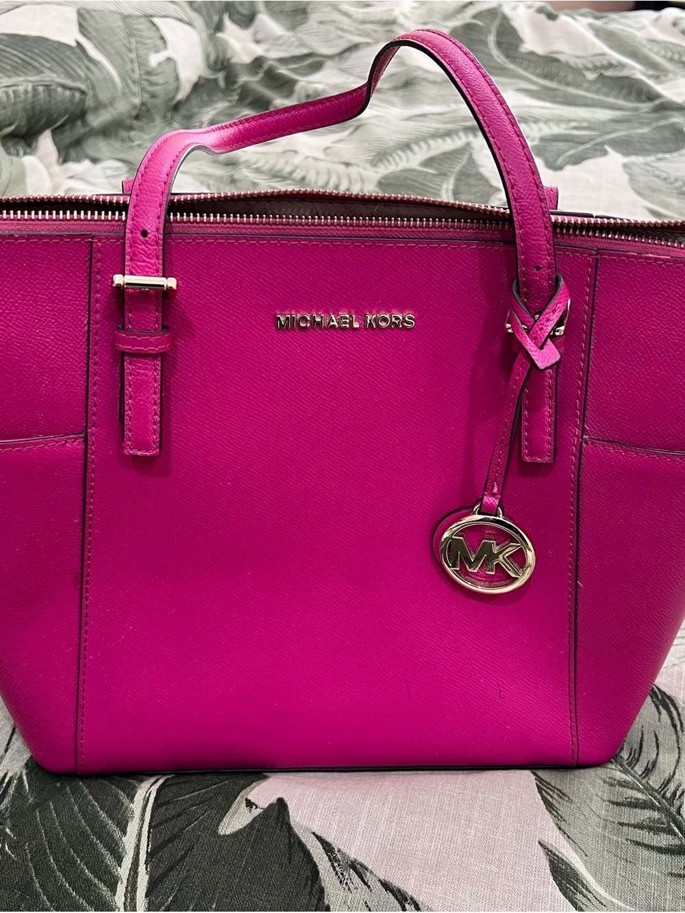 Michael Kors Fuchsia Leather Shoulder Tote with MK Charm